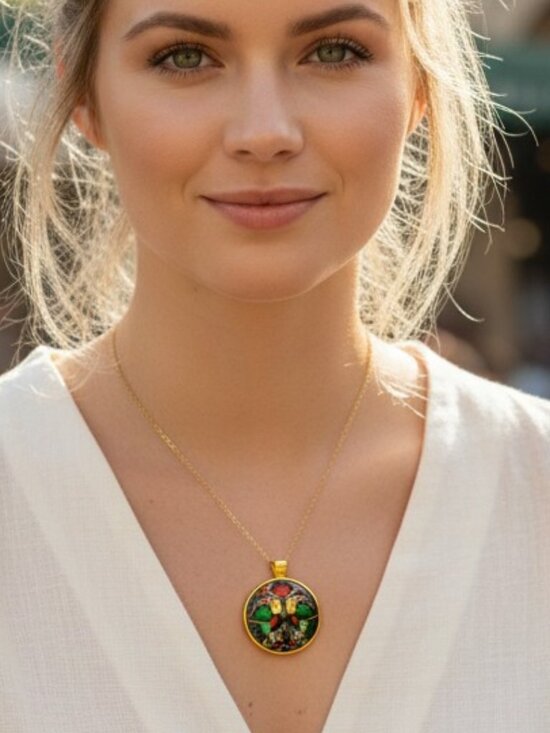 Vintage Jewelry - Vintage Eastern European Folk Art Pendant 18K Colorful Bird Motif 1" Medallion